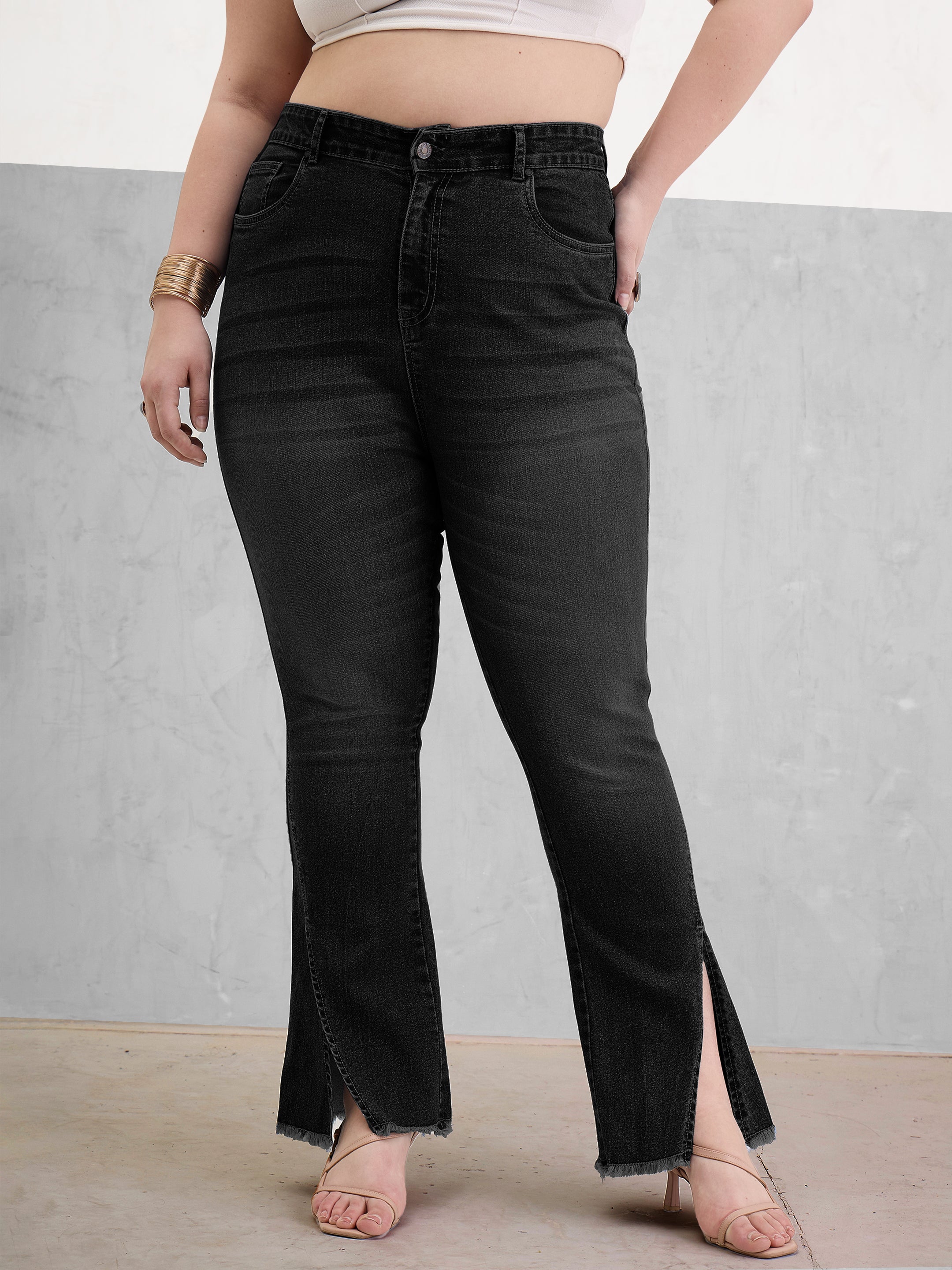 Women Black Wash Front Slit Fitted Jeans-SFJEAN0802