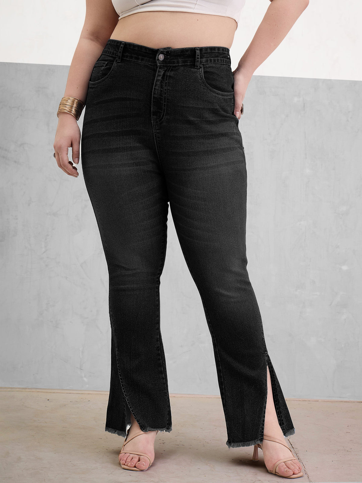 Women Black Wash Front Slit Fitted Jeans-SFJEAN0802