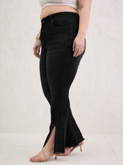 Women Black Wash Front Slit Fitted Jeans-SFJEAN0802