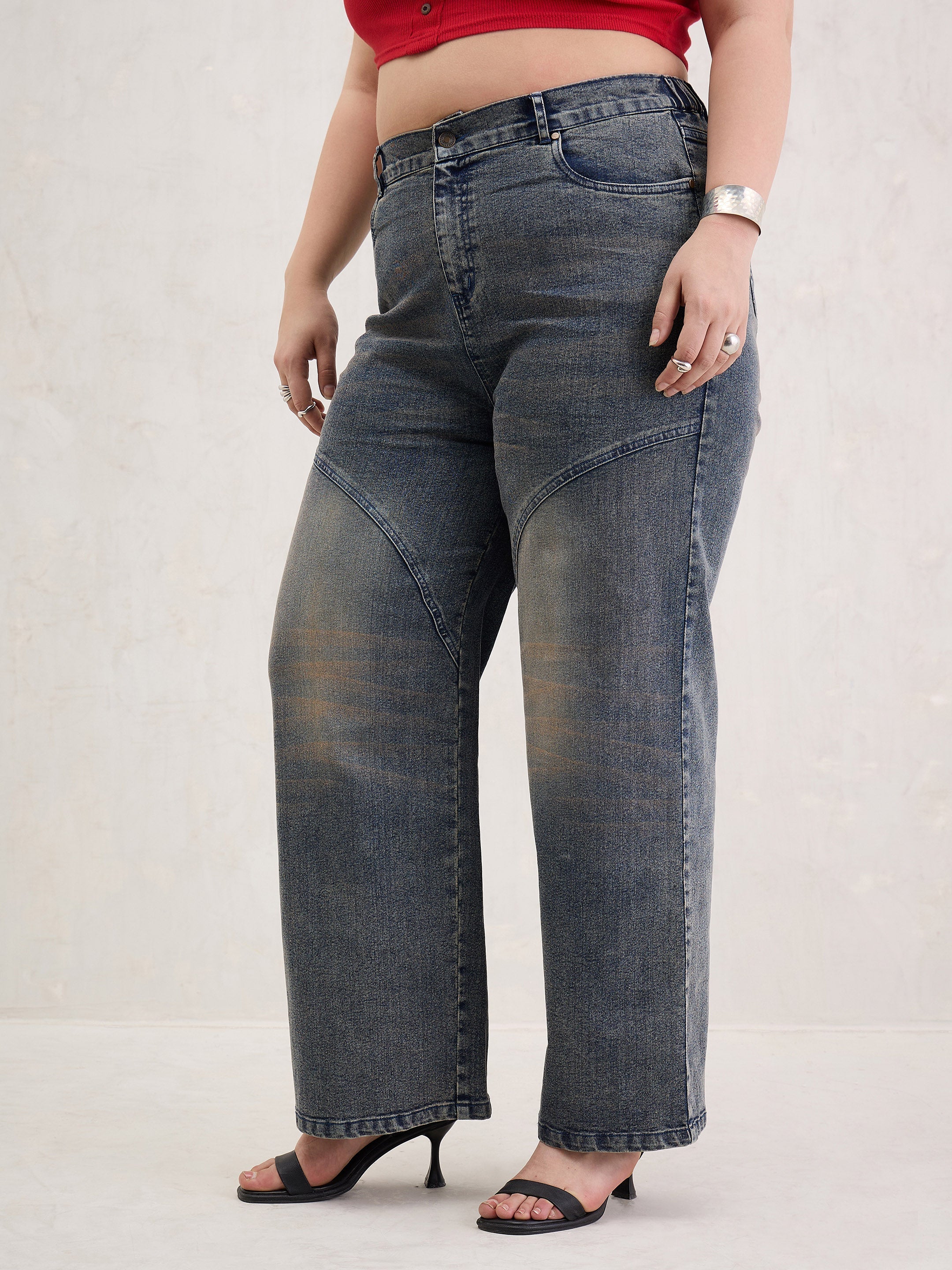 Women Blue Acid Wash Front Stitch Straight Jeans-SFJEAN0805