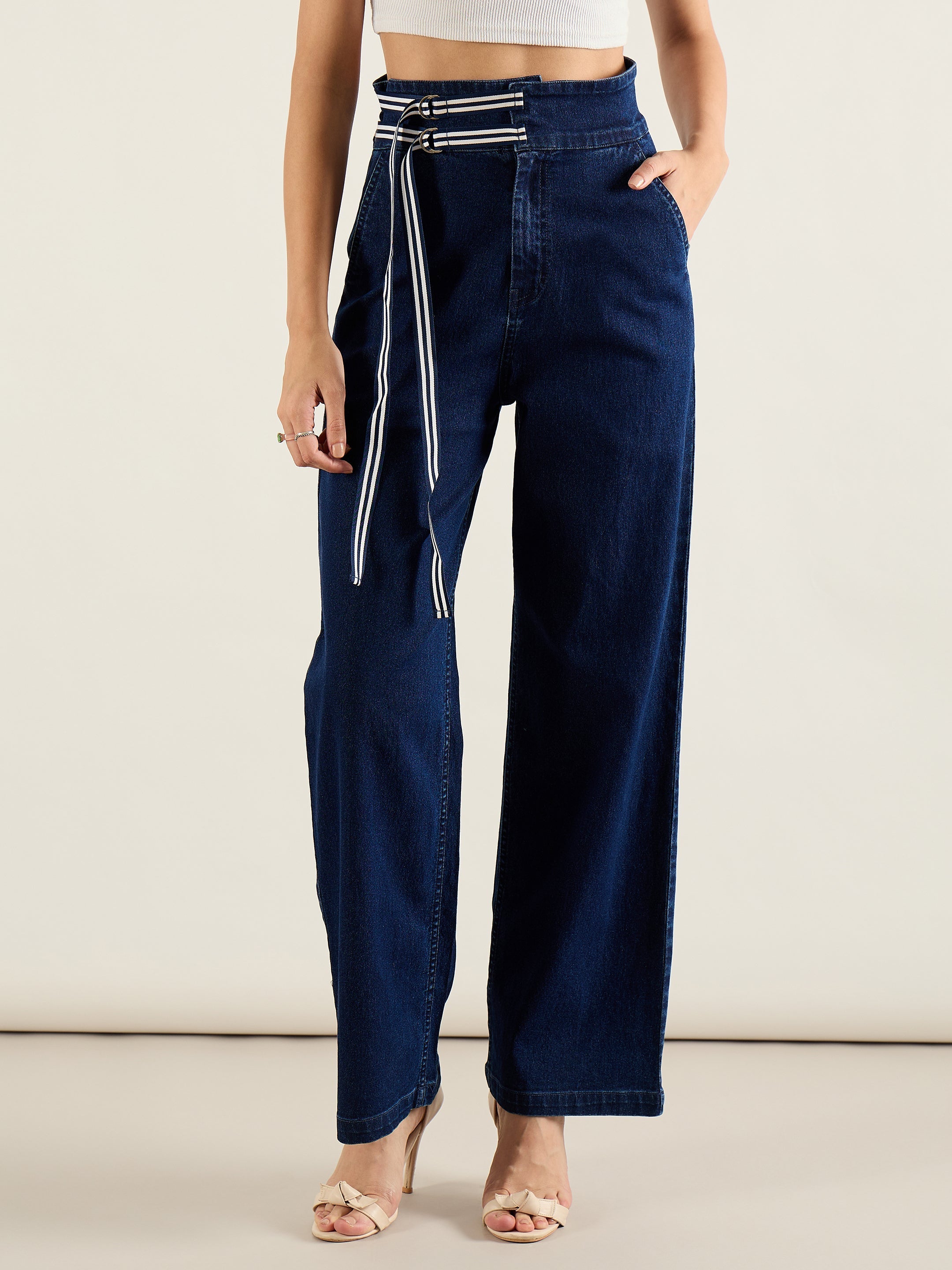 Women Navy Blue High Rise Straight Fit Jeans-SFJEAN0806
