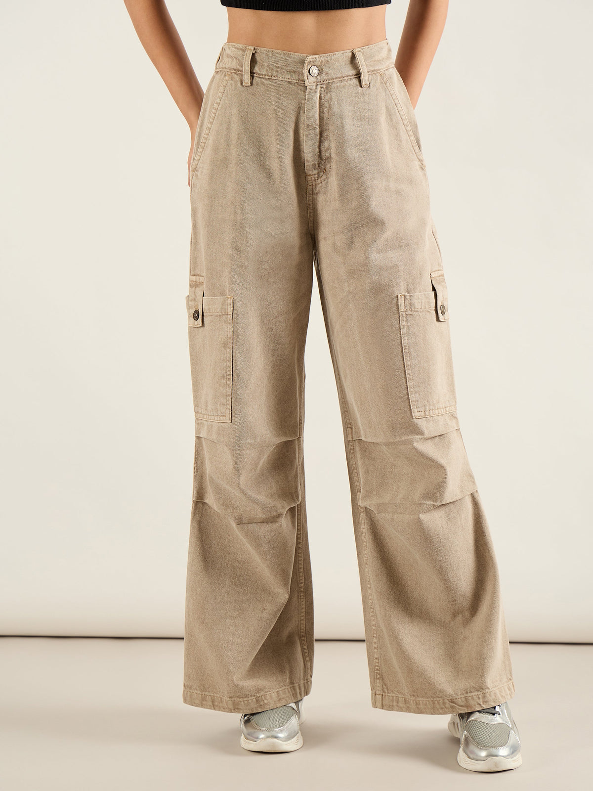 Women Beige High Rise Straight Cargo Jeans-SFJEAN0808
