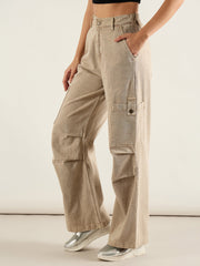 Women Beige High Rise Straight Cargo Jeans-SFJEAN0808