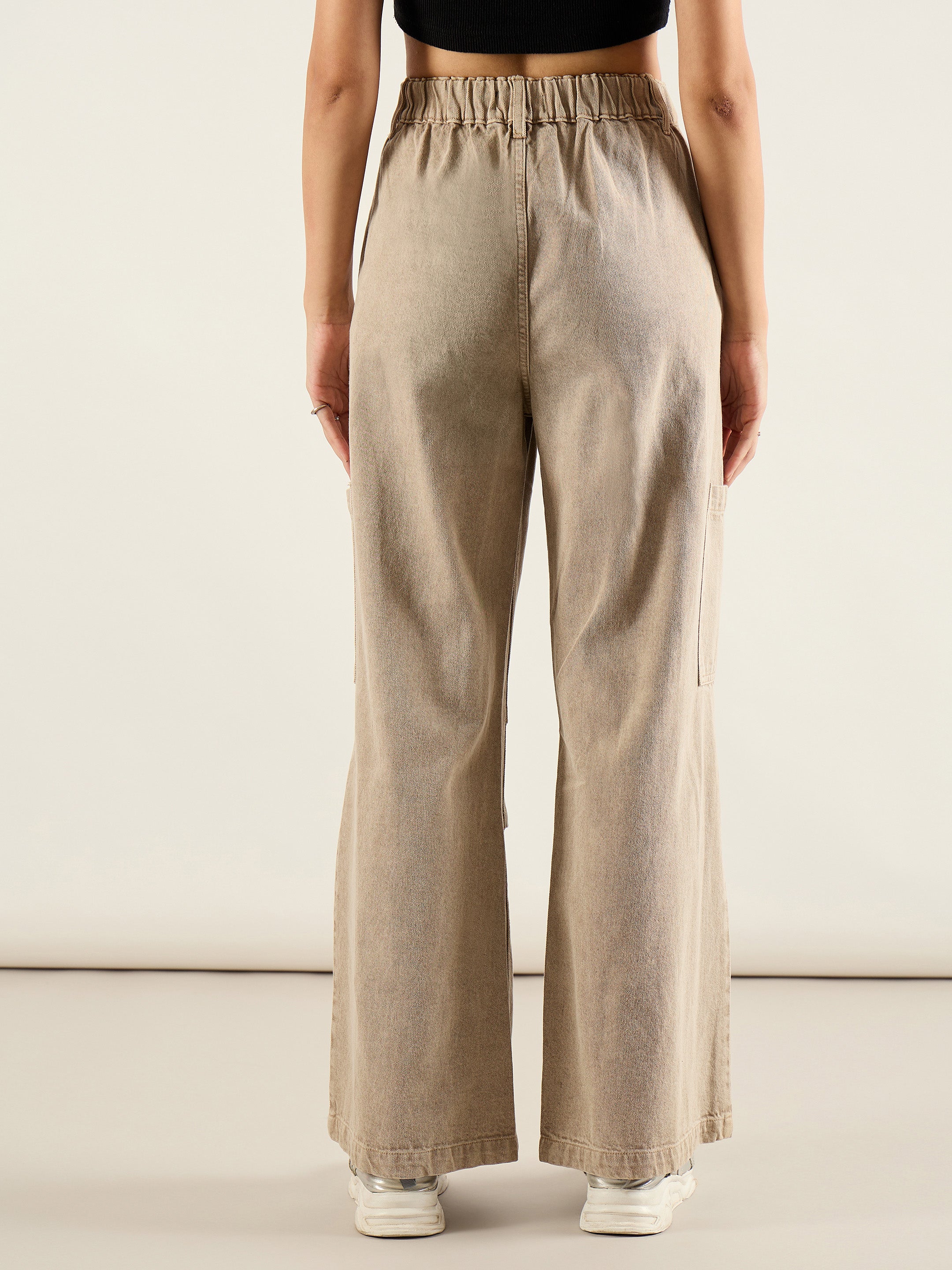 Women Beige High Rise Straight Cargo Jeans-SFJEAN0808