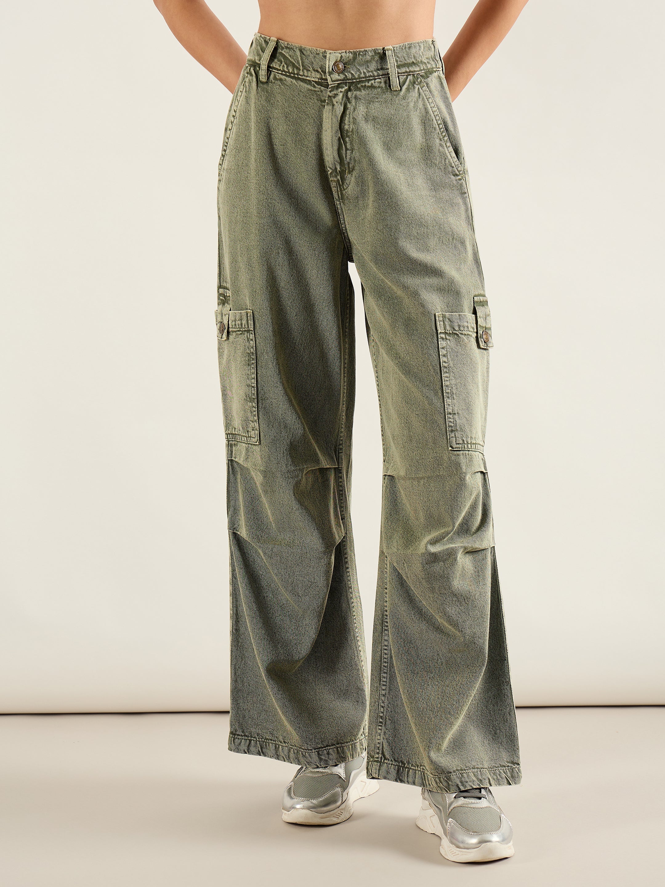 Women Olive Acid Wash High Rise Straight Cargo Jeans-SFJEAN0809