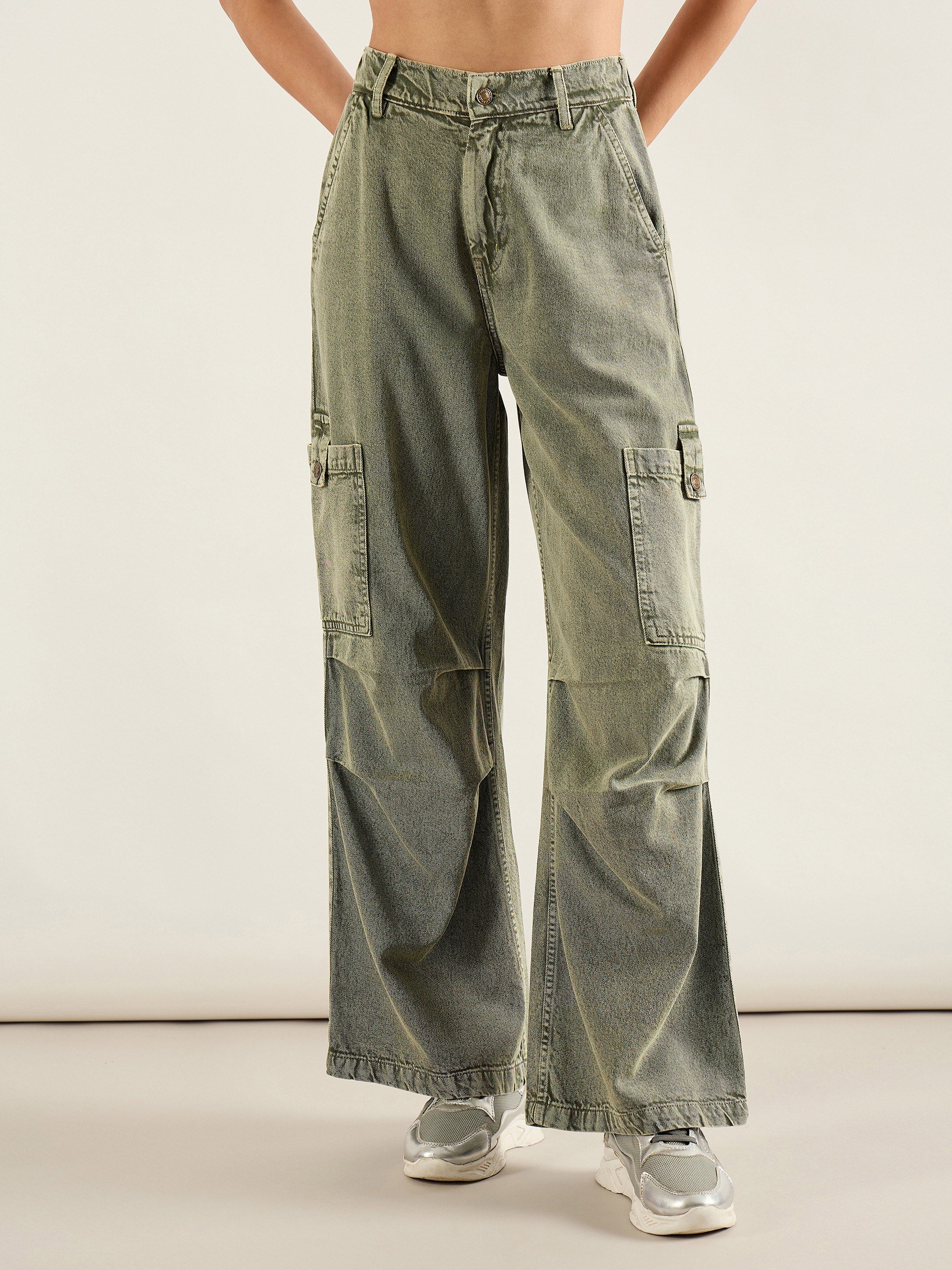 Women Olive Acid Wash High Rise Straight Cargo Jeans-SFJEAN0809