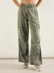 Women Olive Acid Wash High Rise Straight Cargo Jeans-SFJEAN0809