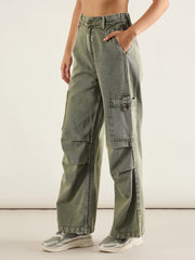 Women Olive Acid Wash High Rise Straight Cargo Jeans-SFJEAN0809