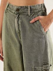 Women Olive Acid Wash High Rise Straight Cargo Jeans-SFJEAN0809