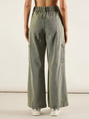 Women Olive Acid Wash High Rise Straight Cargo Jeans-SFJEAN0809