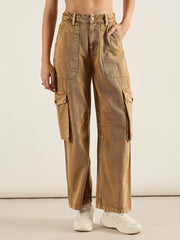 Women Dark Beige High Rise Cargo Pocket Jeans-SFJEAN0810