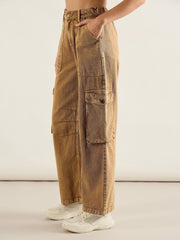 Women Dark Beige High Rise Cargo Pocket Jeans-SFJEAN0810