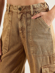 Women Dark Beige High Rise Cargo Pocket Jeans-SFJEAN0810
