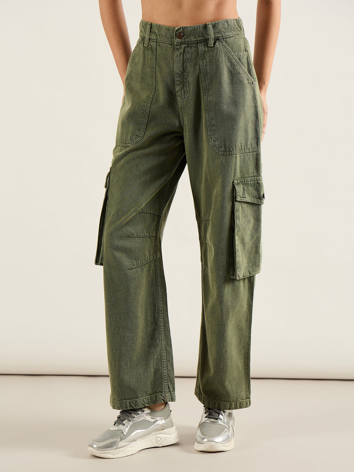 Women Olive High Rise Cargo Pocket Jeans-SFJEAN0811