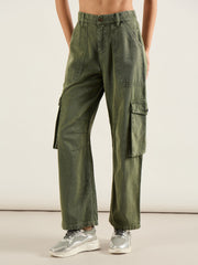 Women Olive High Rise Cargo Pocket Jeans-SFJEAN0811