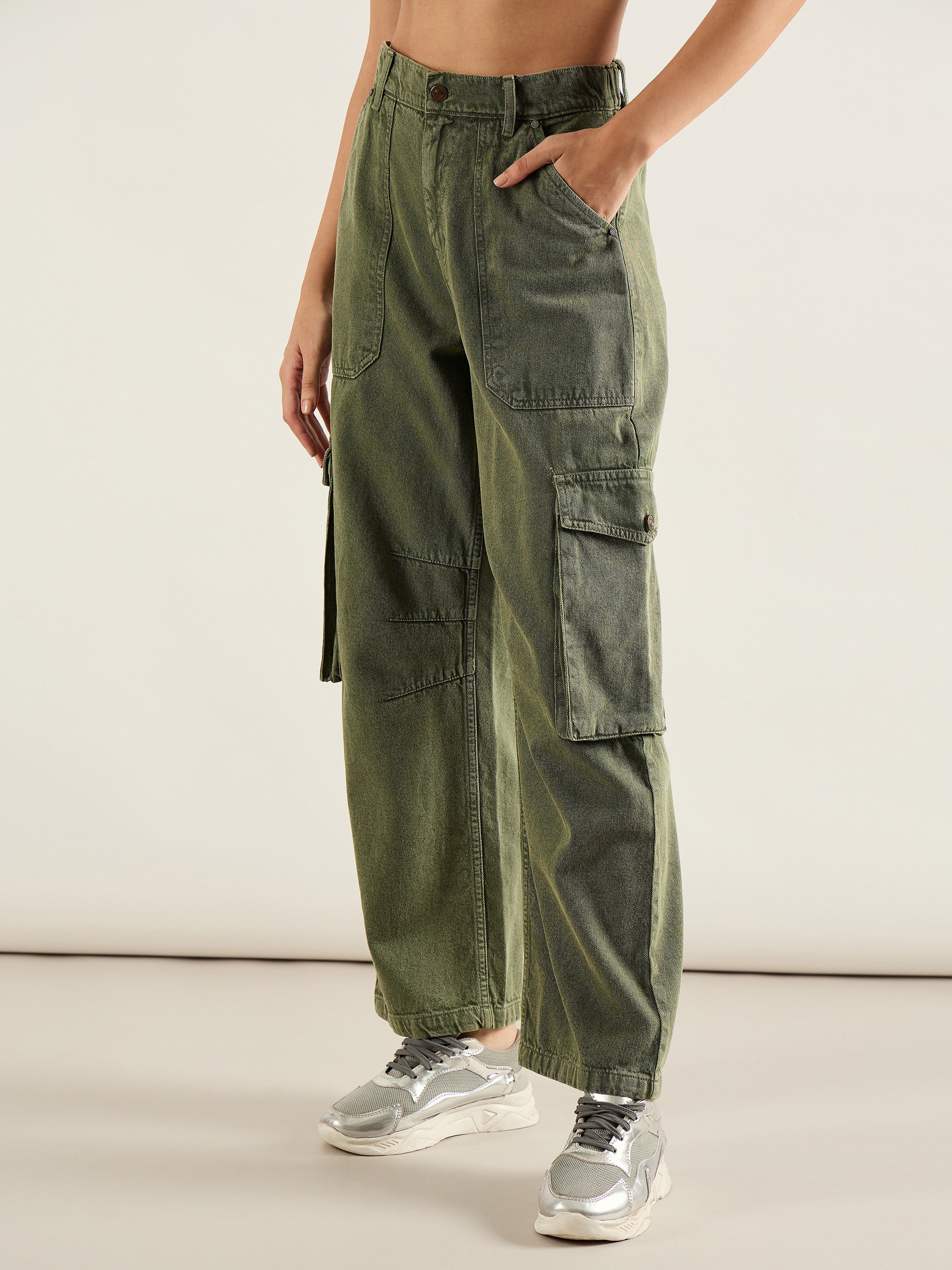 Women Olive High Rise Cargo Pocket Jeans-SFJEAN0811