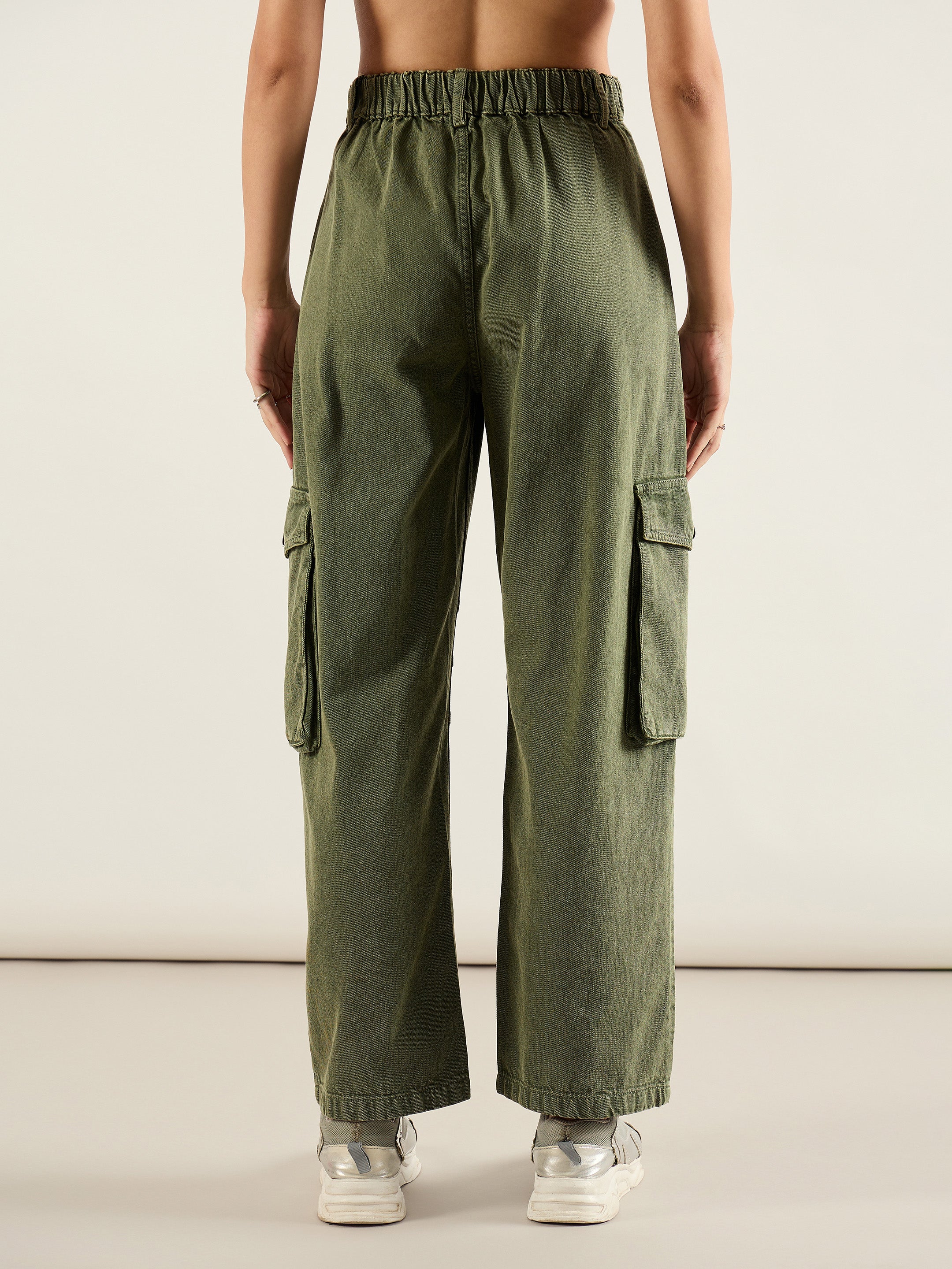 Women Olive High Rise Cargo Pocket Jeans-SFJEAN0811
