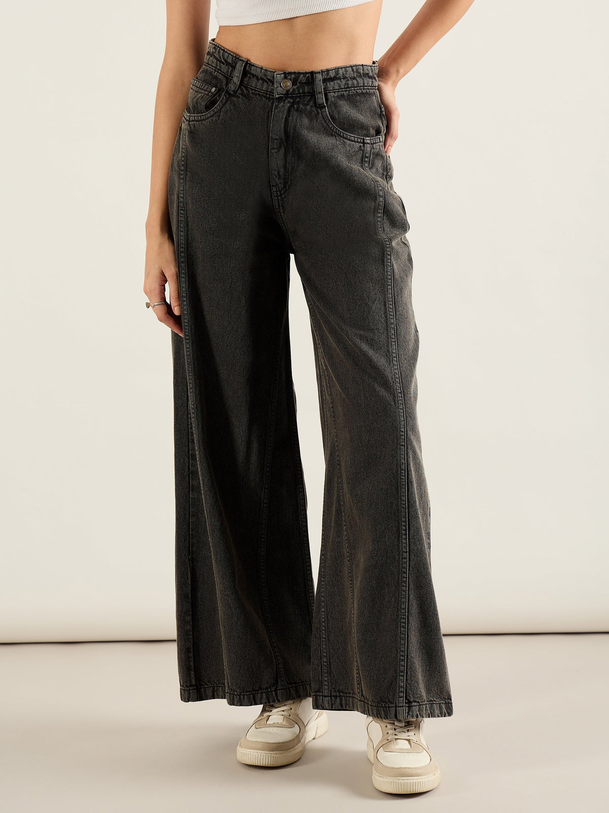Women Black Washed High Waist Wide Leg Jeans-SFJEAN0813