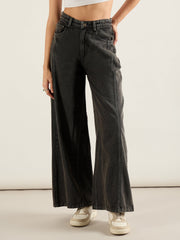 Women Black Washed High Waist Wide Leg Jeans-SFJEAN0813