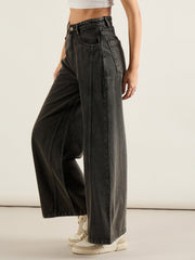 Women Black Washed High Waist Wide Leg Jeans-SFJEAN0813