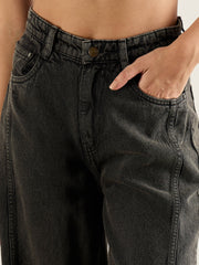 Women Black Washed High Waist Wide Leg Jeans-SFJEAN0813