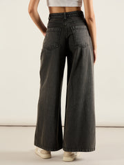 Women Black Washed High Waist Wide Leg Jeans-SFJEAN0813