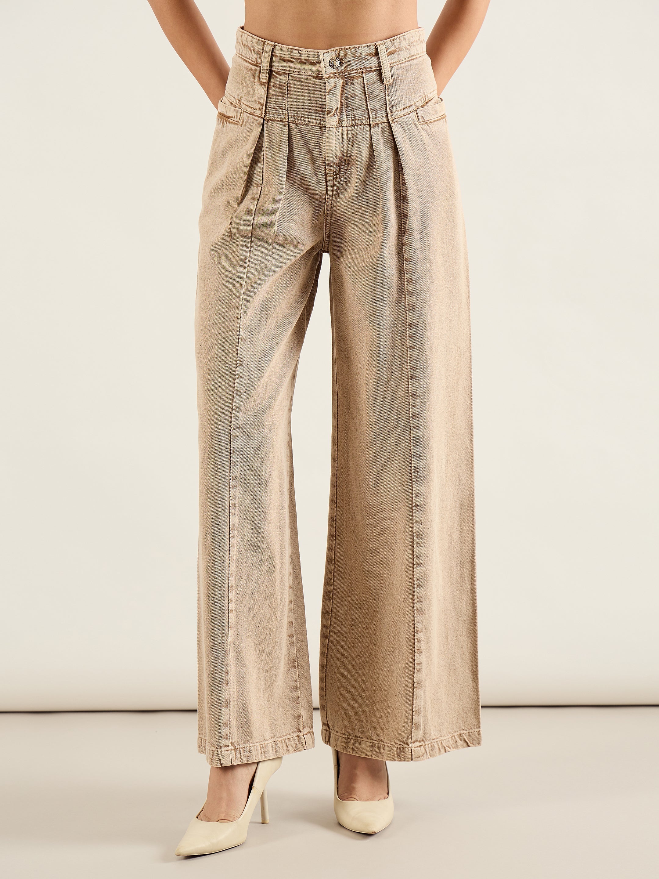 Women Brown High Waist Front Dart Wide Leg Jeans-SFJEAN0816