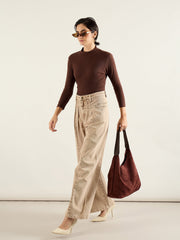Women Brown High Waist Front Dart Wide Leg Jeans-SFJEAN0816