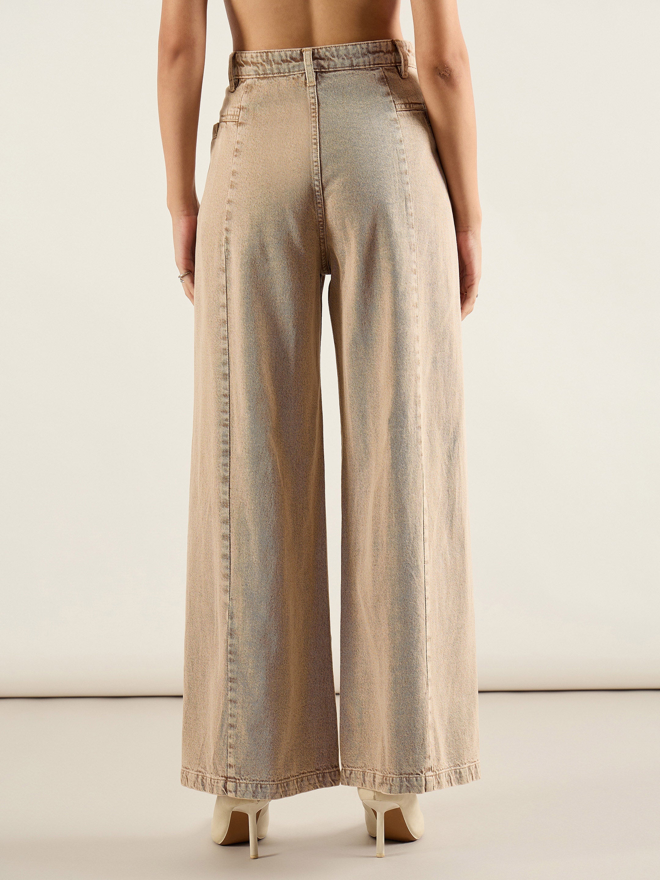 Women Brown High Waist Front Dart Wide Leg Jeans-SFJEAN0816