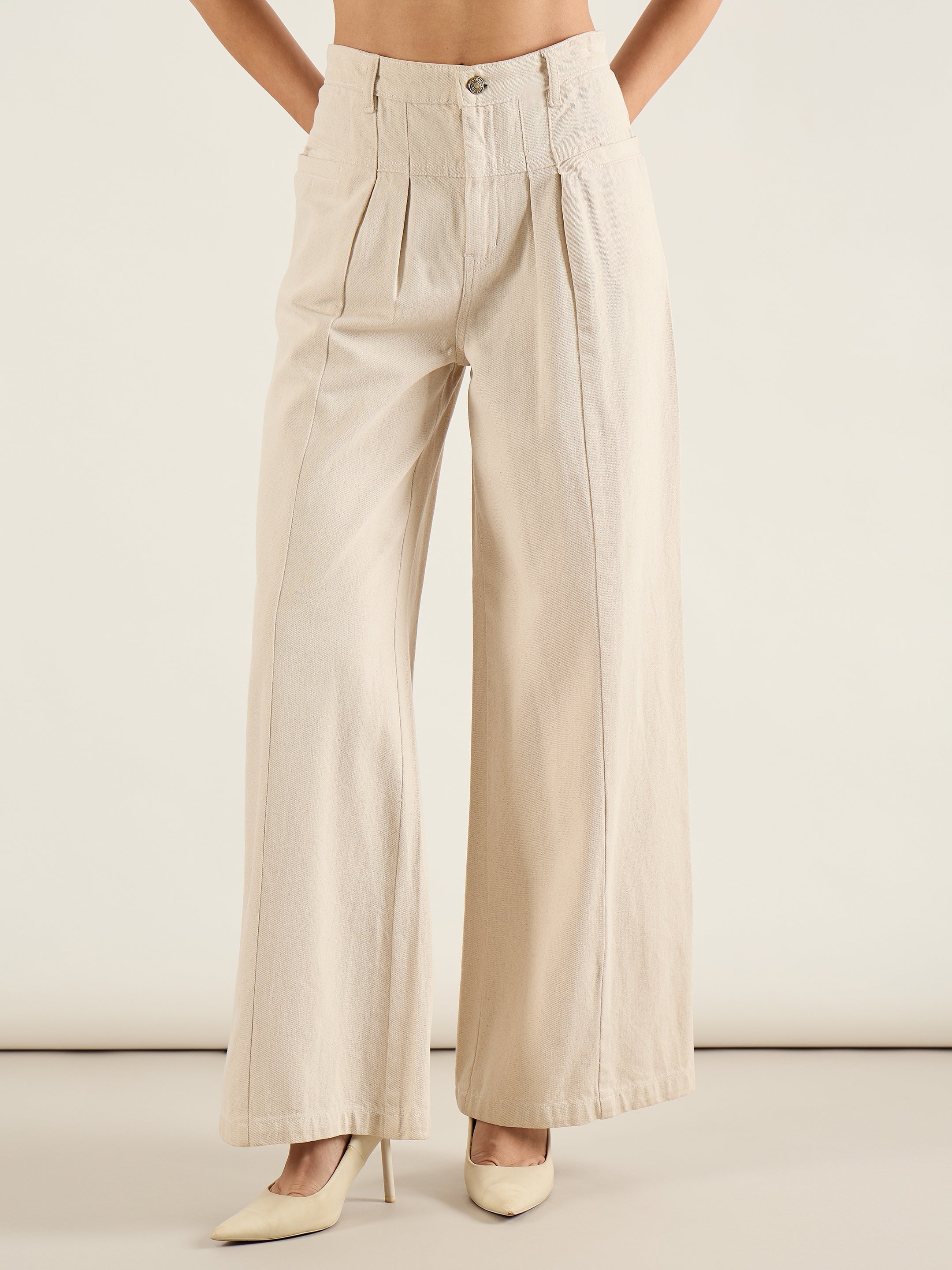 Women Beige High Waist Front Dart Wide Leg Jeans-SFJEAN0817