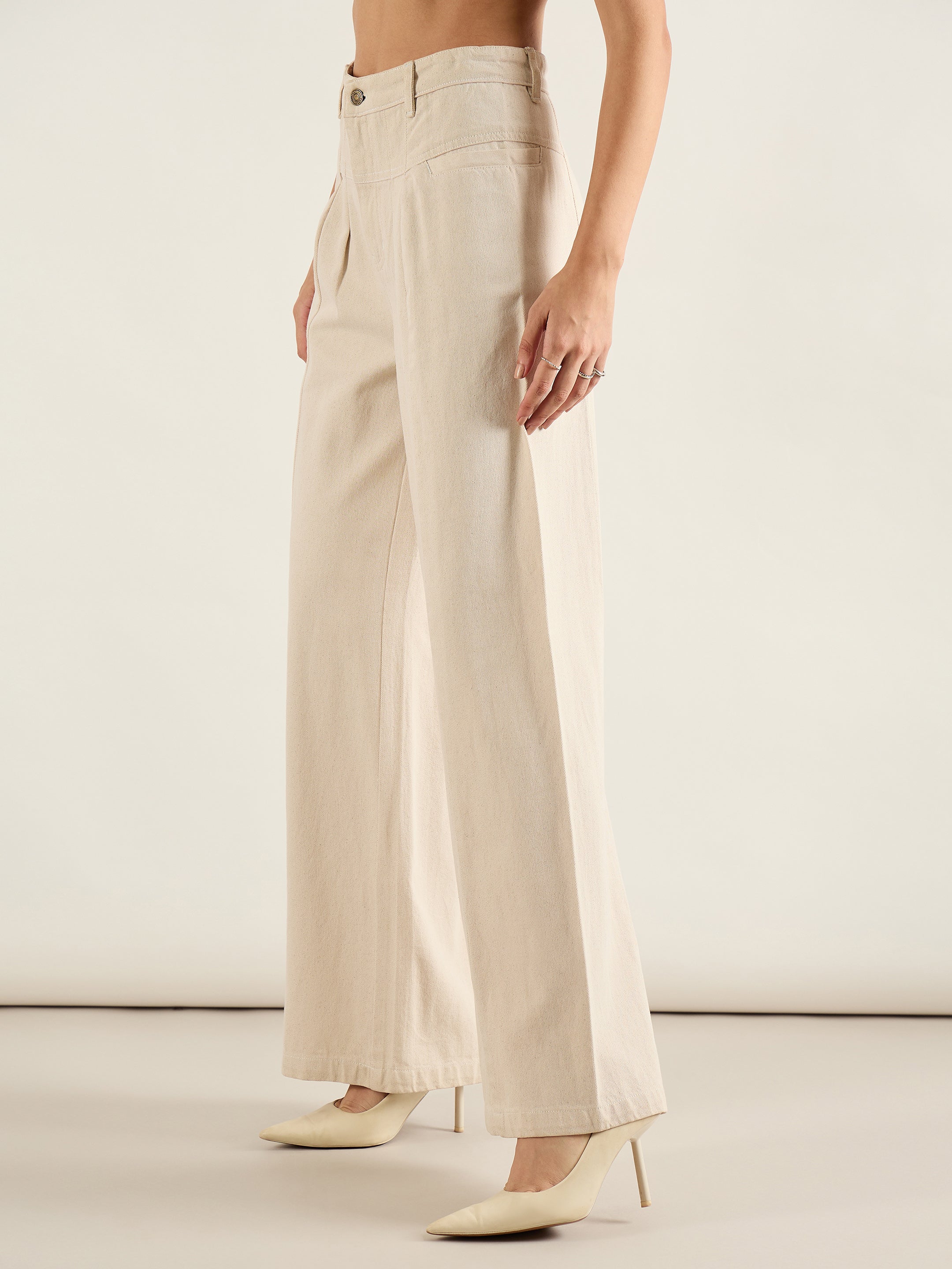 Women Beige High Waist Front Dart Wide Leg Jeans-SFJEAN0817