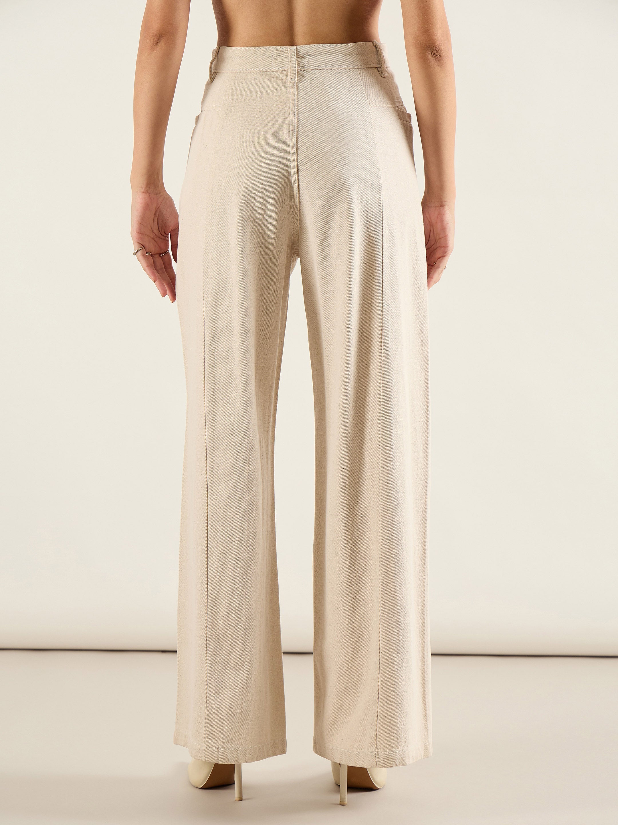 Women Beige High Waist Front Dart Wide Leg Jeans-SFJEAN0817