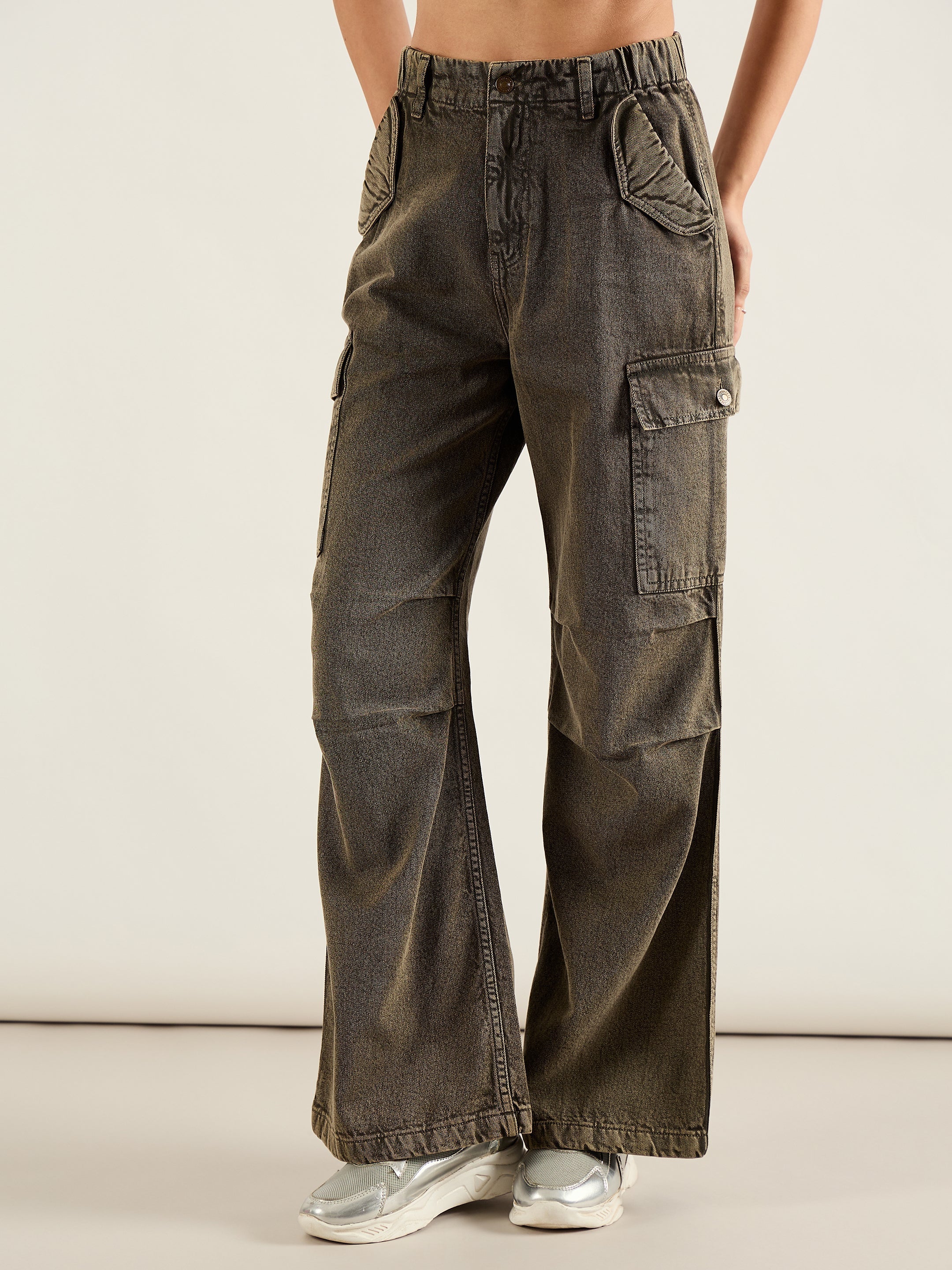 Women Olive Acid Wash Flap Pocket Cargo Jeans-SFJEAN0820