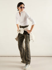 Women Olive Acid Wash Flap Pocket Cargo Jeans-SFJEAN0820