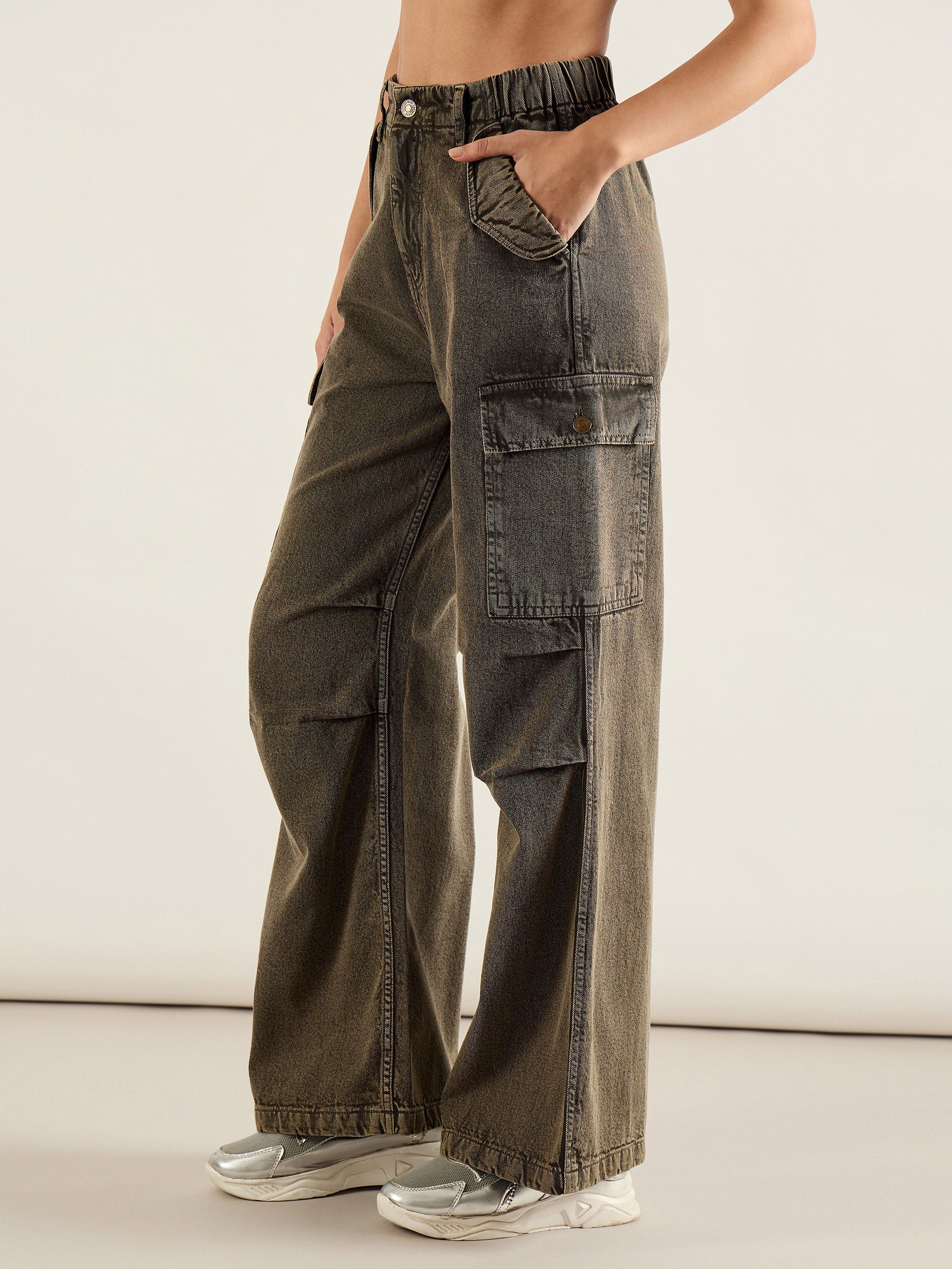 Women Olive Acid Wash Flap Pocket Cargo Jeans-SFJEAN0820