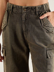 Women Olive Acid Wash Flap Pocket Cargo Jeans-SFJEAN0820