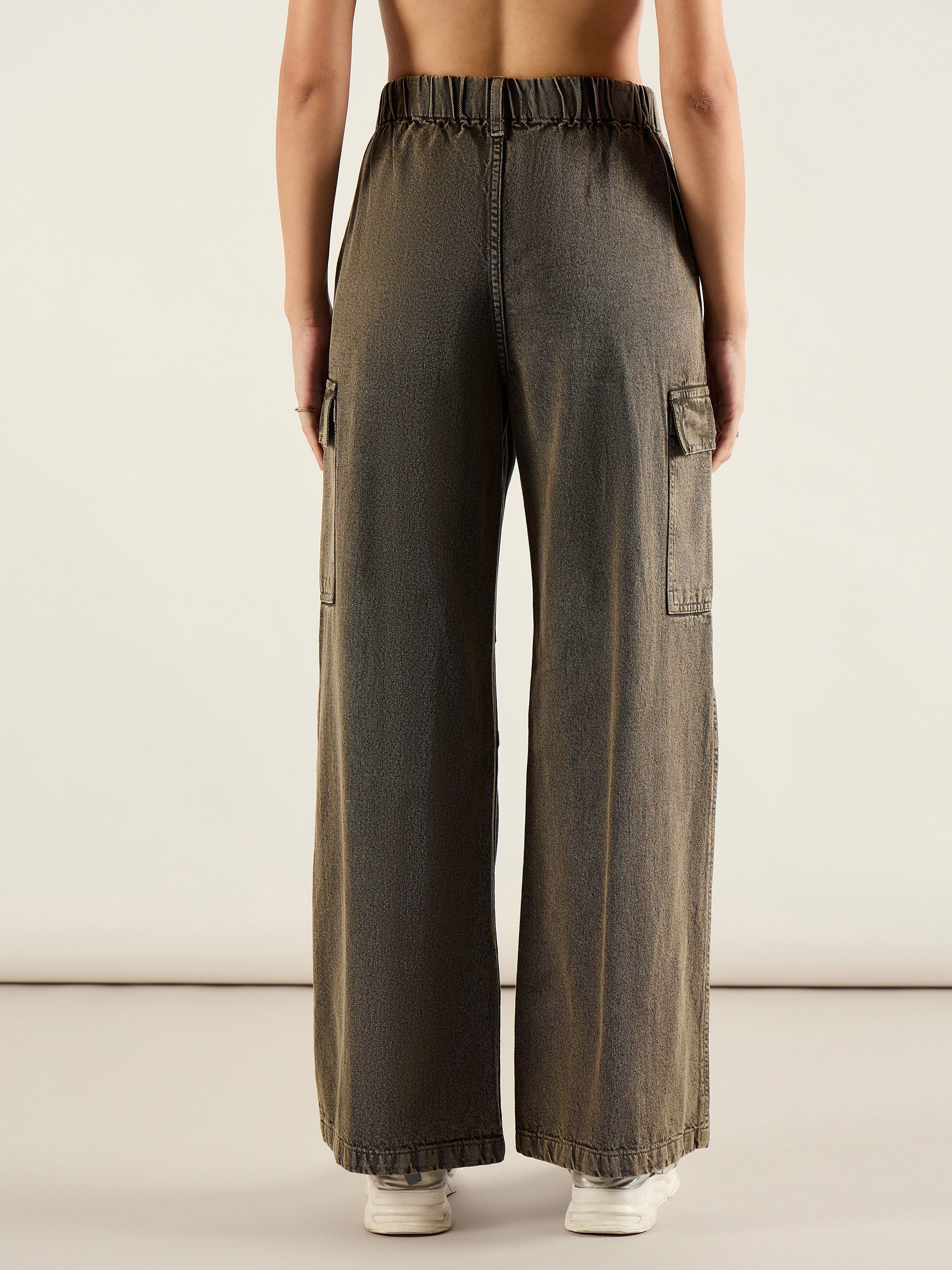 Women Olive Acid Wash Flap Pocket Cargo Jeans-SFJEAN0820