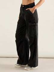Women Black Wash Flap Pocket Cargo Jeans-SFJEAN0821