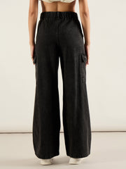 Women Black Wash Flap Pocket Cargo Jeans-SFJEAN0821