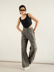 Women Grey Wash Hem Pocket Cargo Jeans-SFJEAN0822