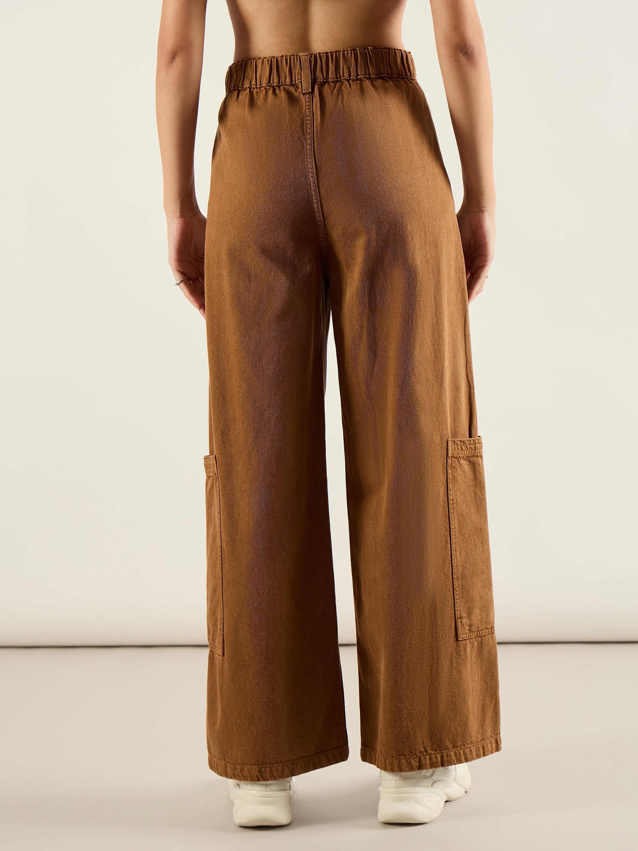 Women Brown Hem Pocket Cargo Jeans-SFJEAN0823