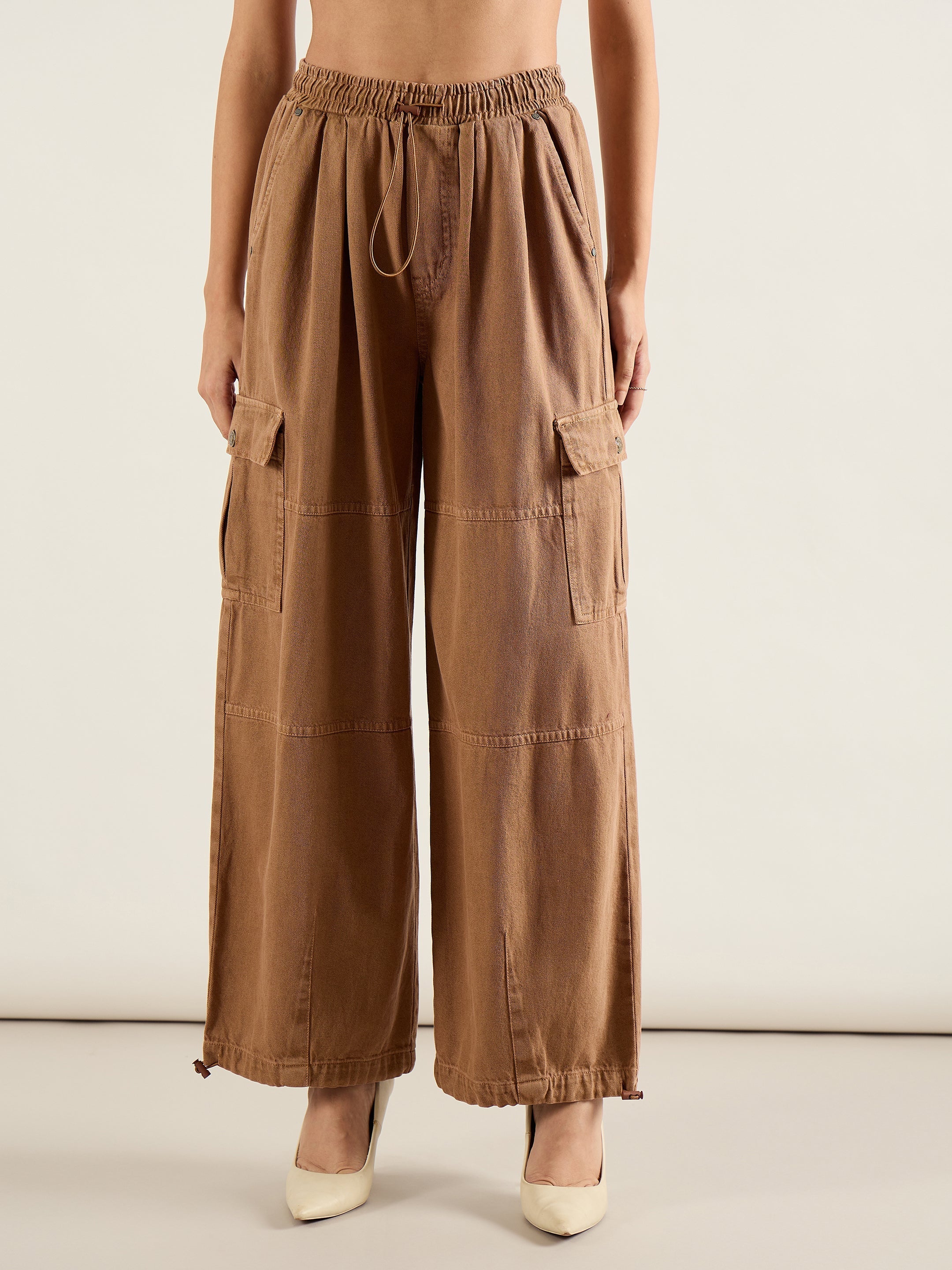 Women Dark Brown Baggy Fit Cargo Jeans-SFJEAN0827