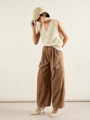 Women Dark Brown Baggy Fit Cargo Jeans-SFJEAN0827
