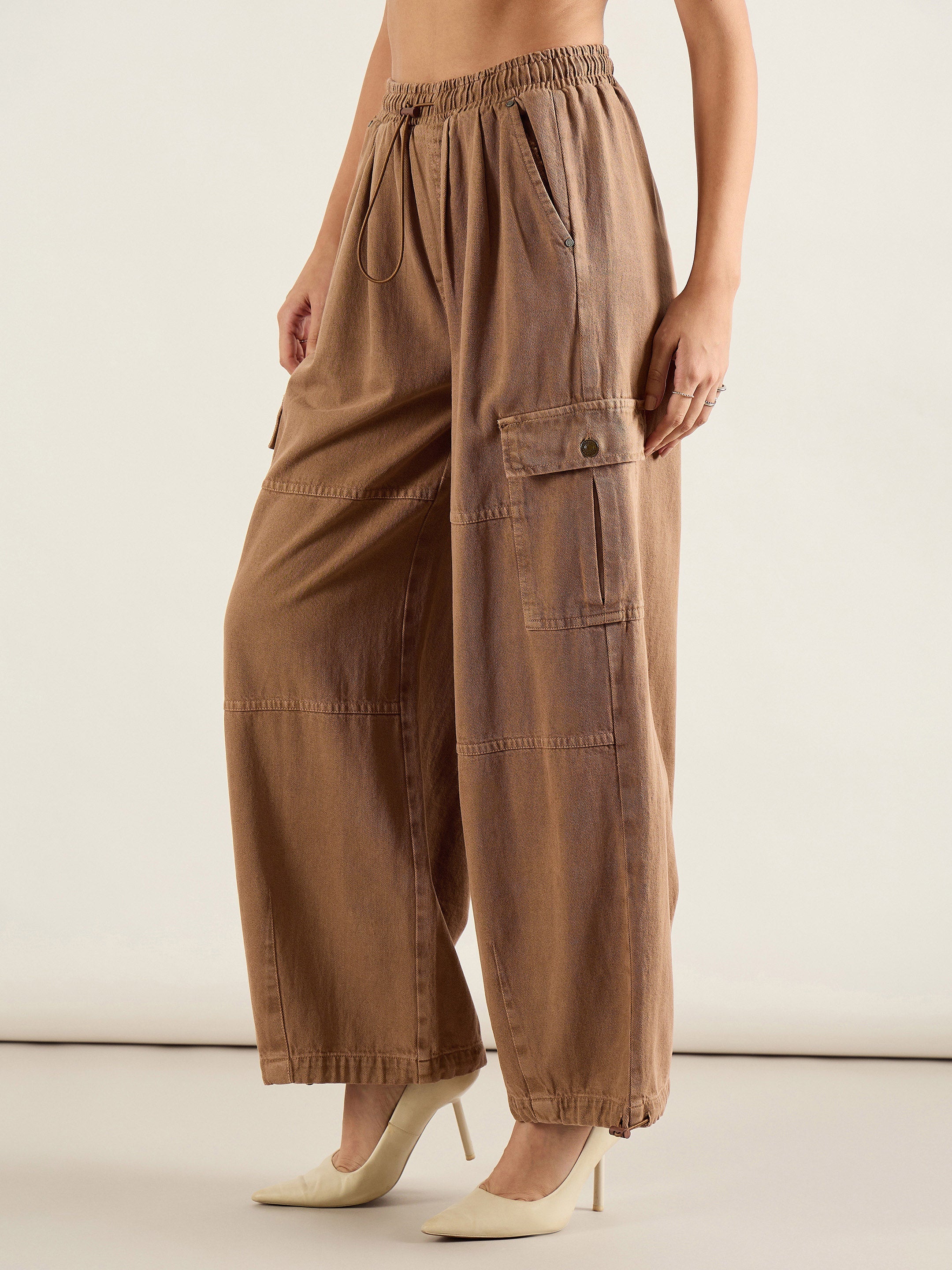 Women Dark Brown Baggy Fit Cargo Jeans-SFJEAN0827