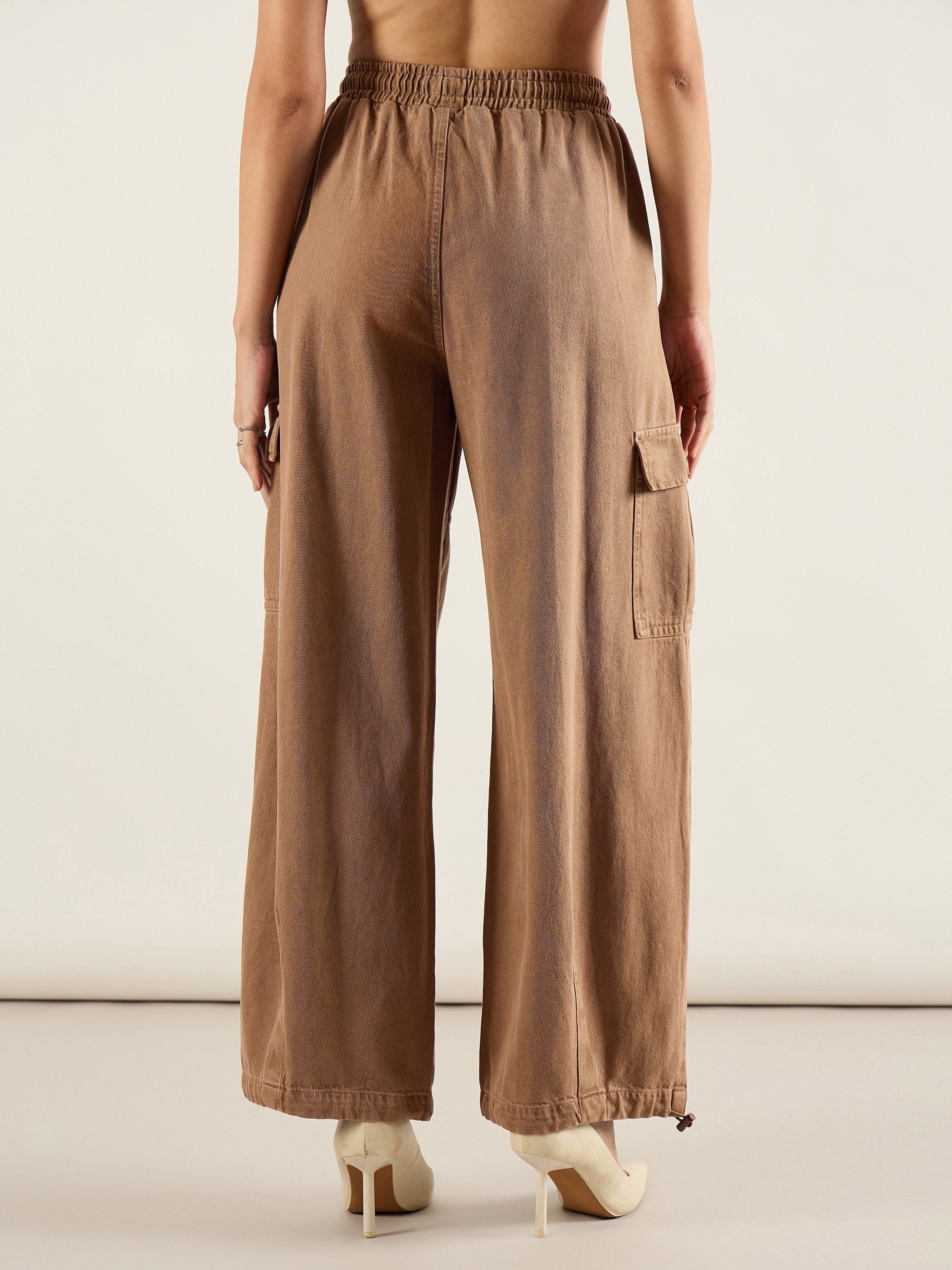 Women Dark Brown Baggy Fit Cargo Jeans-SFJEAN0827