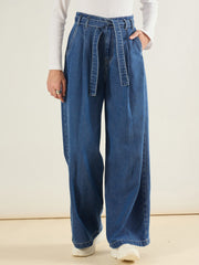 Women Blue Wash Wide Leg Belted Denim Jeans-SFJEAN0831