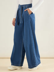 Women Blue Wash Wide Leg Belted Denim Jeans-SFJEAN0831