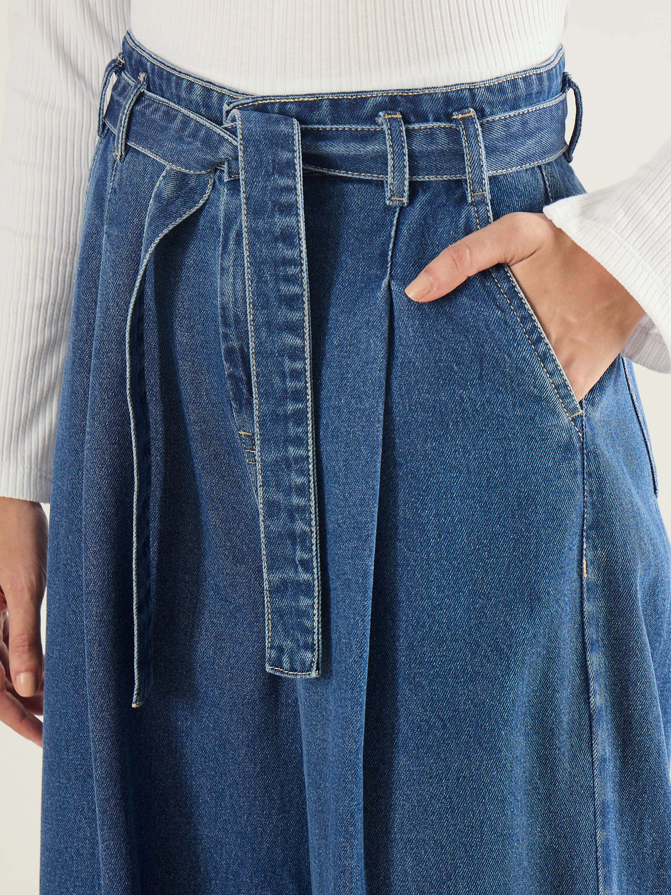 Women Blue Wash Wide Leg Belted Denim Jeans-SFJEAN0831
