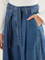 Women Blue Wash Wide Leg Belted Denim Jeans-SFJEAN0831