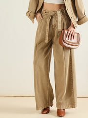 Women Beige Wide Leg Belted Denim Jeans-SFJEAN0832